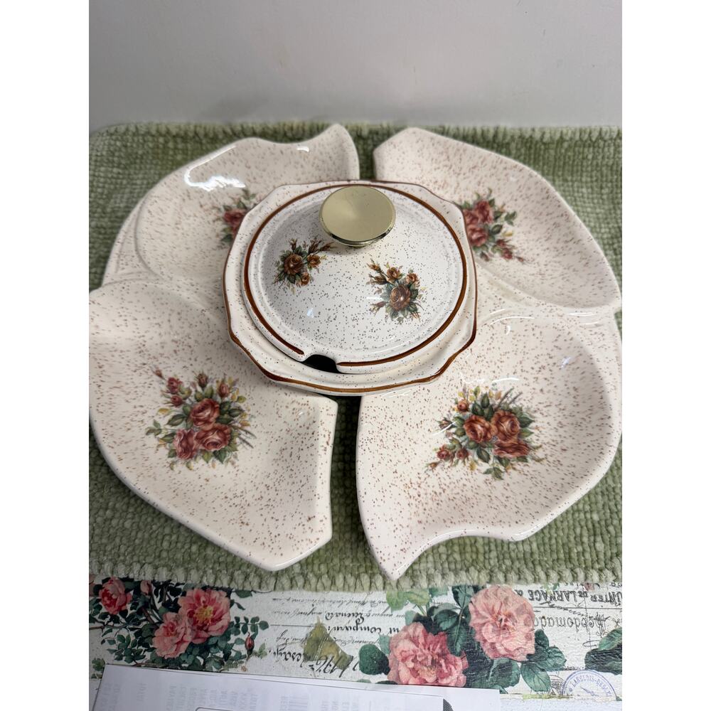 California Originals Relish Tray Dip Bowl Set 1032 1033 USA Speckled Floral Rose